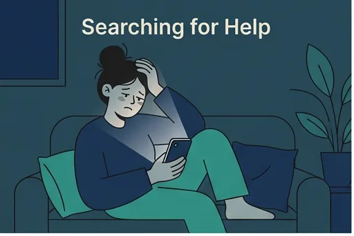 Illustration: a worried parent searching on their phone late at night